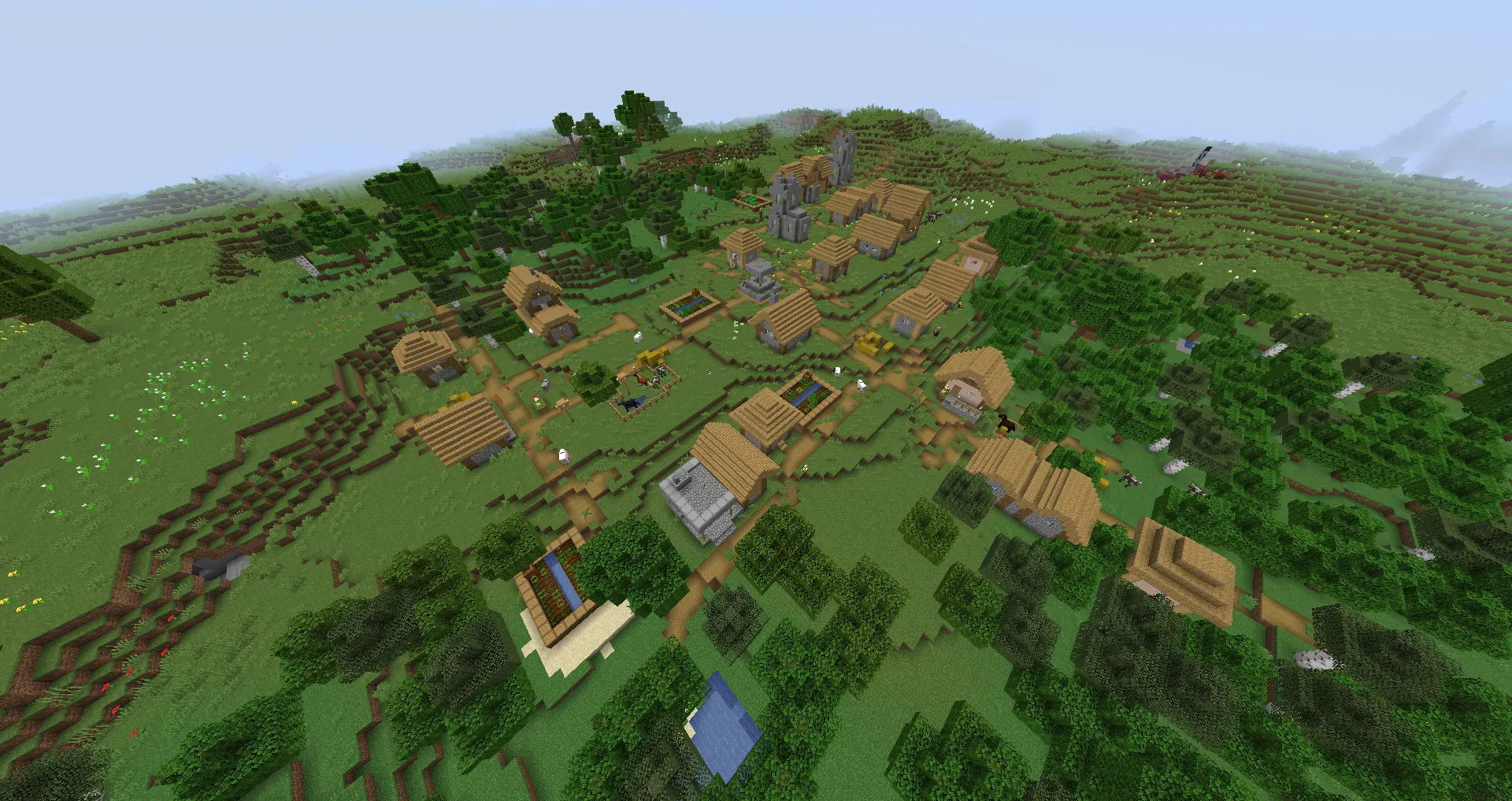 Aerial view of a Minecraft Plains village